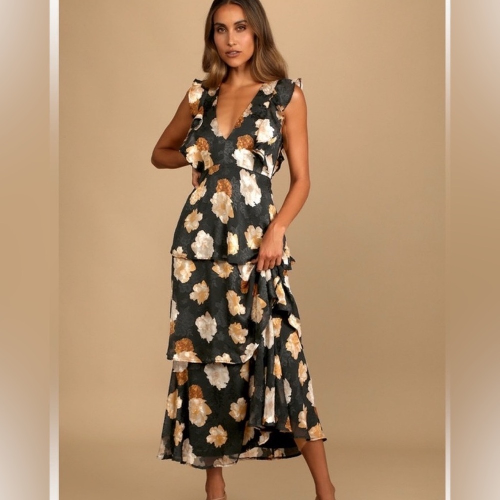 Lulu's Floral Ruffle Maxi Dress - Black and Cream